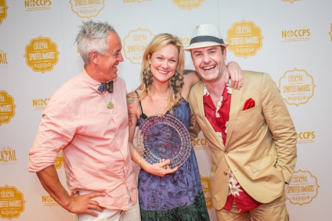 Awards Presenters Jason Crawley (left) and Philip Duff (right) celebrate Brooke Arthur's Best American Brand Ambassador distinction at the 2015 Tales of the Cocktail Spirited Awards on July 18, 2015 at the Sheraton Hotel in New Orleans