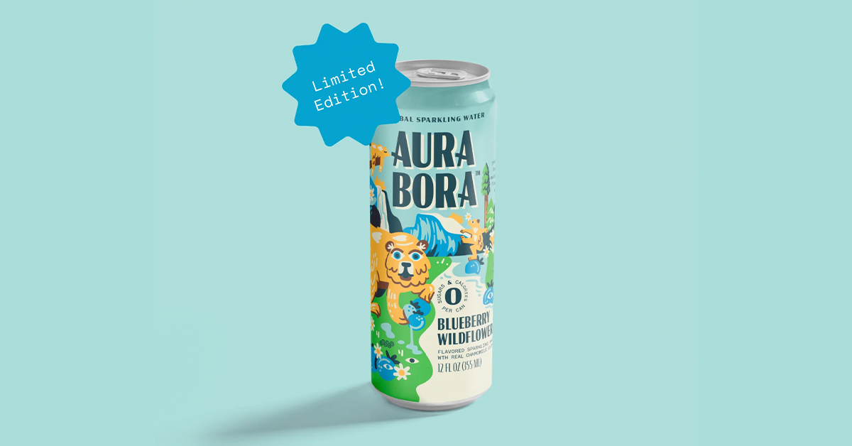 Aura Bora's newest product: A Yosemite-inspired Blueberry Wildflower sparkling water.