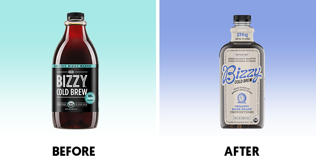 Bizzy's old RTD bottle design compared to the brand refresh