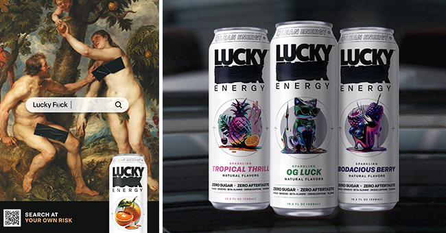 Lucky Energy's marketing campaign includes "wild postings" comparing risqué Renaissance art to the energy drink's branding