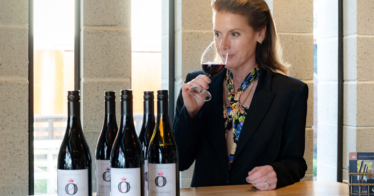Rachel Martin tasting Oceano Zero alcohol-removed Pinto Noir