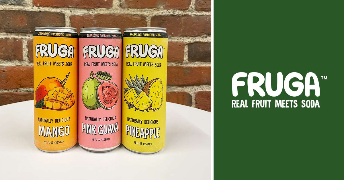 Available in Mango, Pineapple, and Pink Guava varieties, Fruga uses real fruit juice as the focal point of its naturally flavored and sweetened sparkling prebiotic sodas.