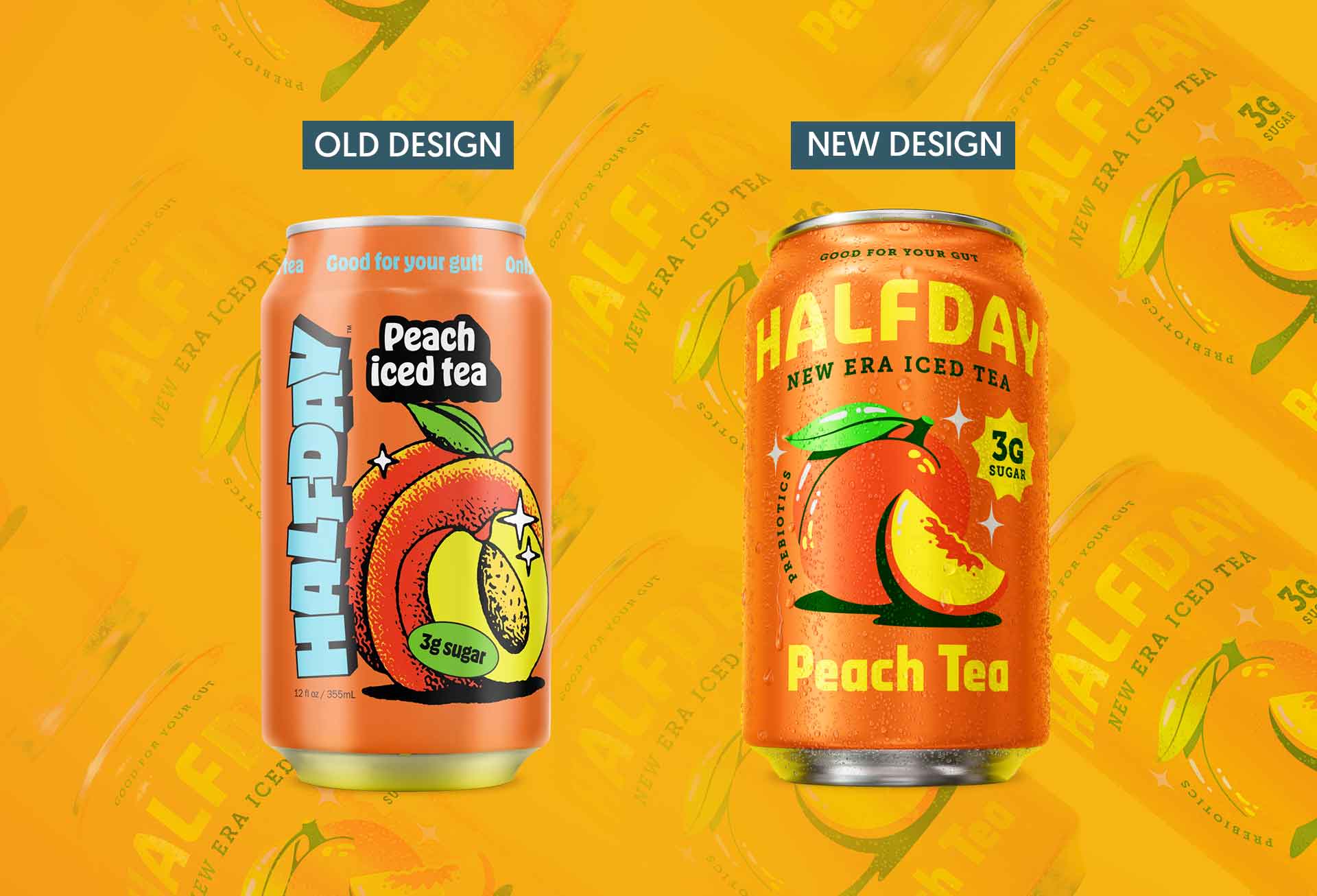 Halfday iced tea cans before and after the brand refresh