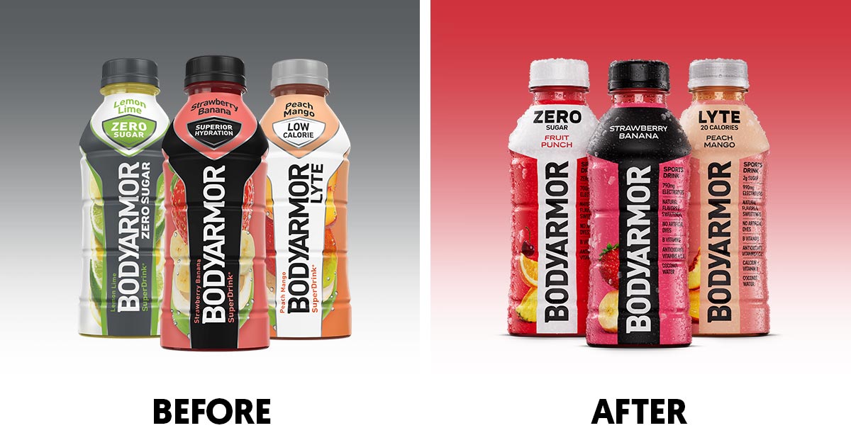 Side-by-side look at the old bottles versus BodyArmor's revamped look
