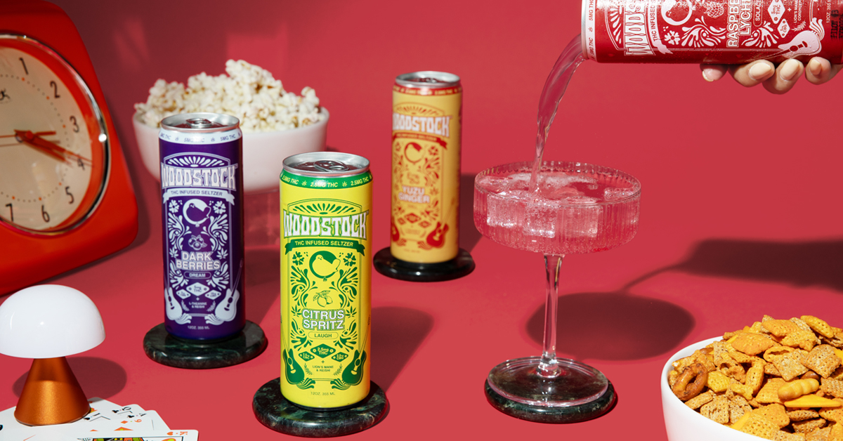 Woodstock Goods arrives to the cannabis beverage category with a 4-SKU range of THC infused seltzers in 12 ounce cans, each tailored to different use occasions.
